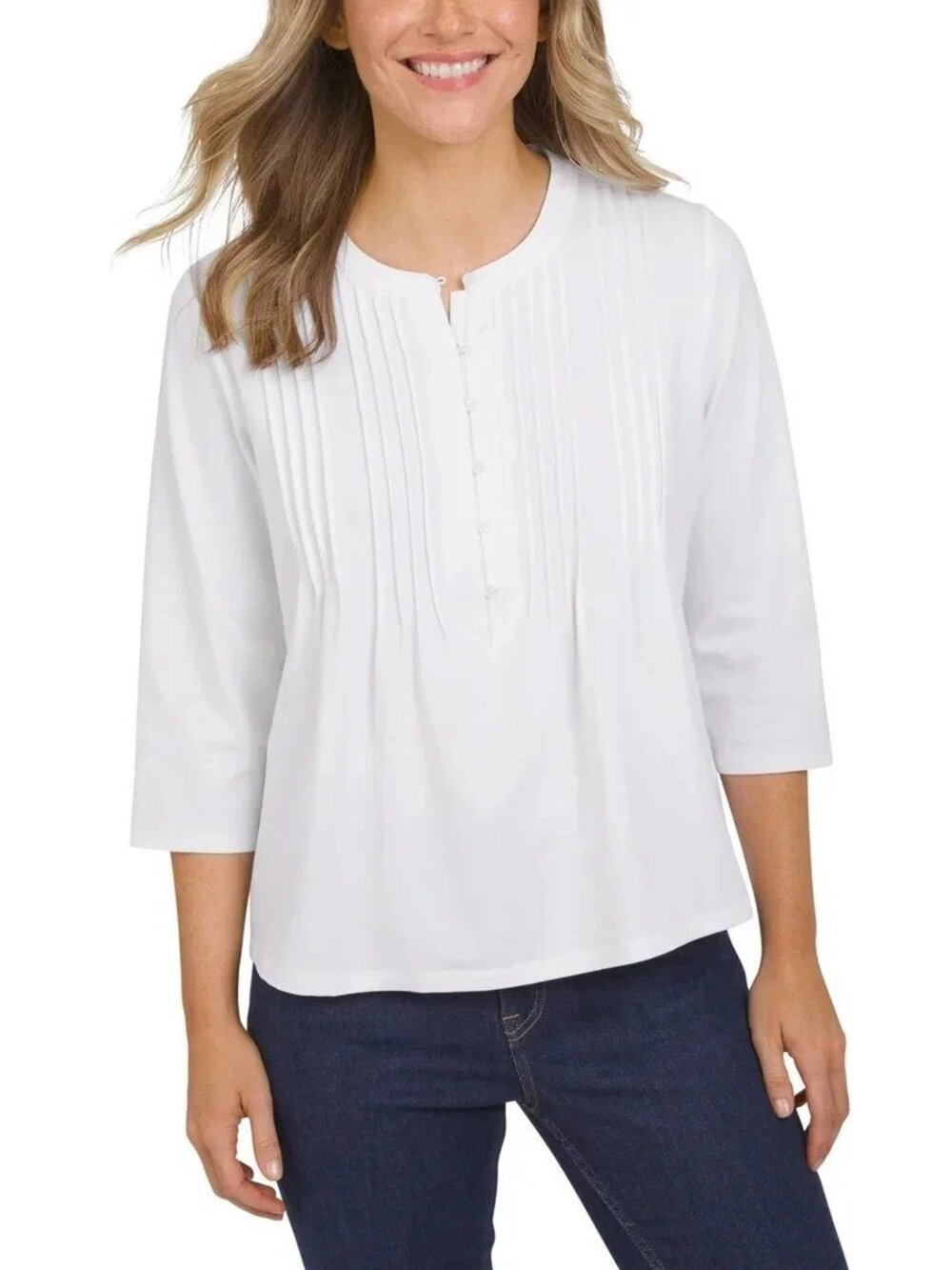 Lands' End Ladies' 3/4 Sleeve Button Front Pintuck Top Size XL White